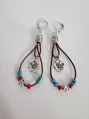Silver Floral & Bead Brown Leather Drop Earrings - Turquoise & Red